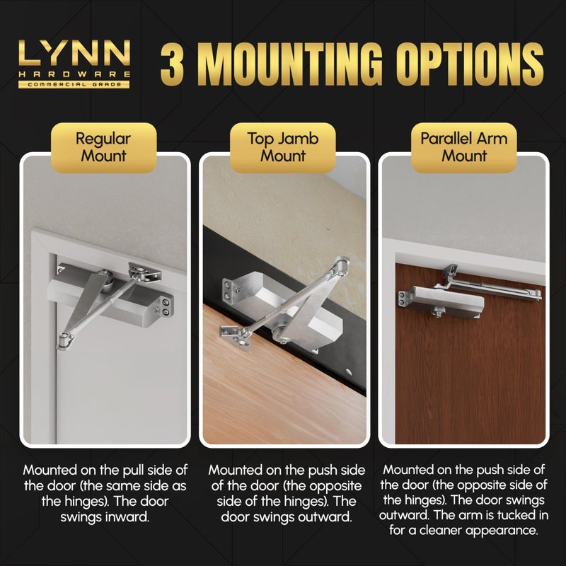 LYNN HARDWARE Medium Duty Automatic Door Closer (Silver) - Highly Durable Cast Aluminum, Commercial or Home Use, Adjustable Speed Controls, 3 Mounting Options, 3 Hour Fire Rated (DC6003 Model) - Image 4